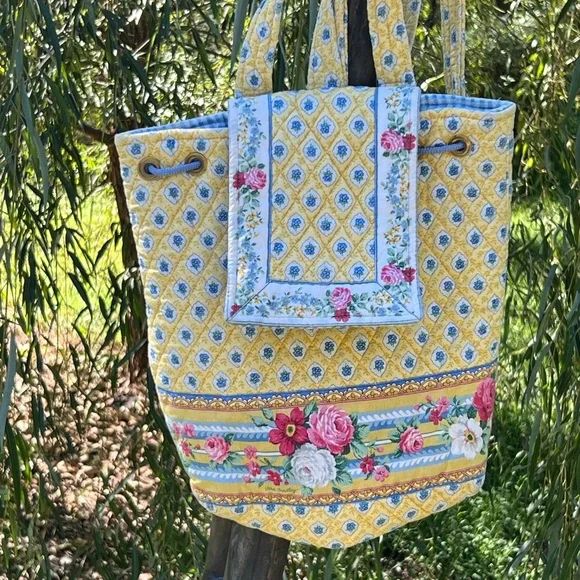 Vera Bradley Backpack RARE MIMI Blue Yellow Floral Drawstring Bag Retired Vera Bradley Elizabeth Mimi quilted backpack | Mercari main image 4